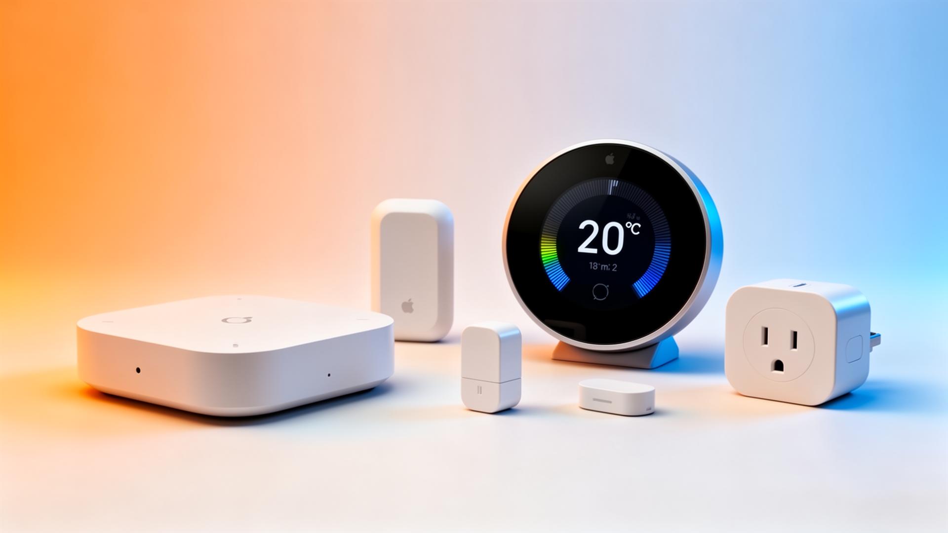 Smart IoT devices arranged on a warm-to-cool gradient backdrop